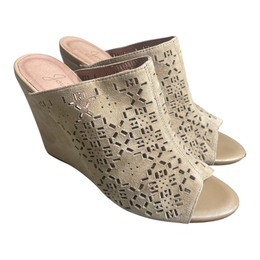 Joie Suede Leather Mules Wedges Anita Laser Cut Beige open toe shoes 7